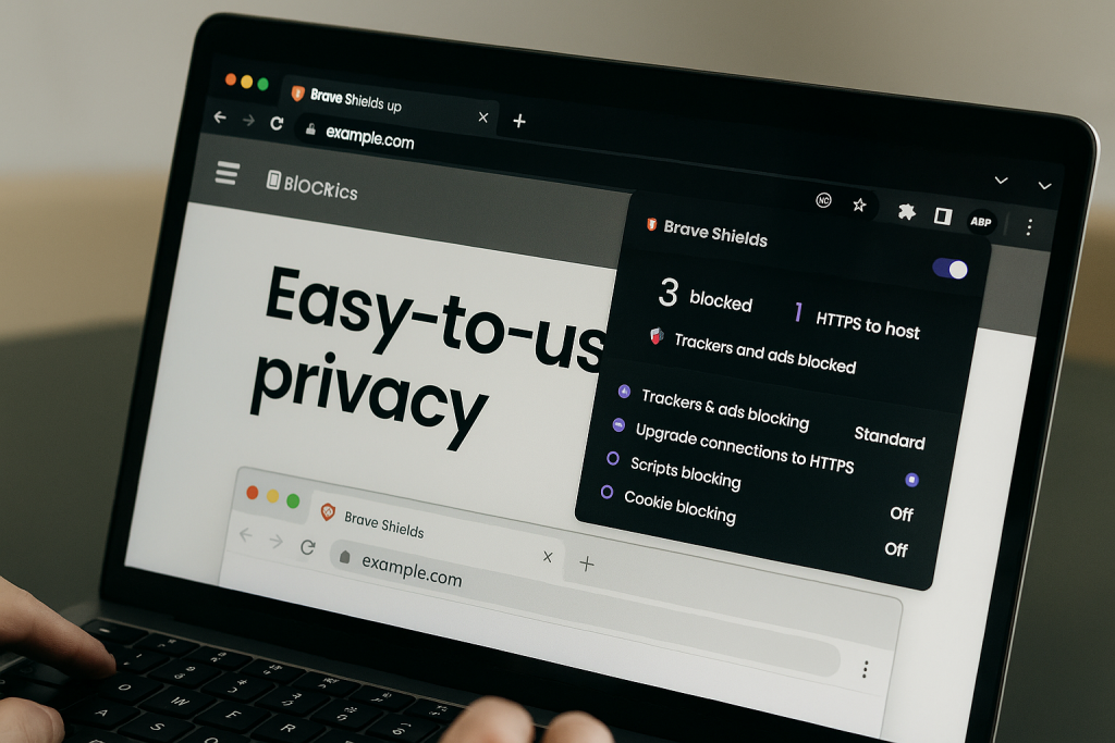 Brave Browser 2025 desktop interface with privacy features active