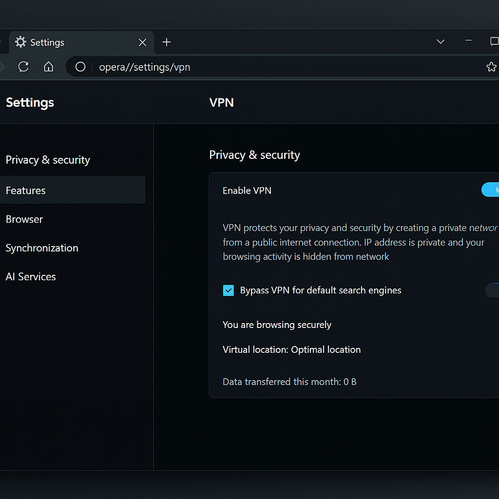 Opera Browser 2025 VPN settings interface