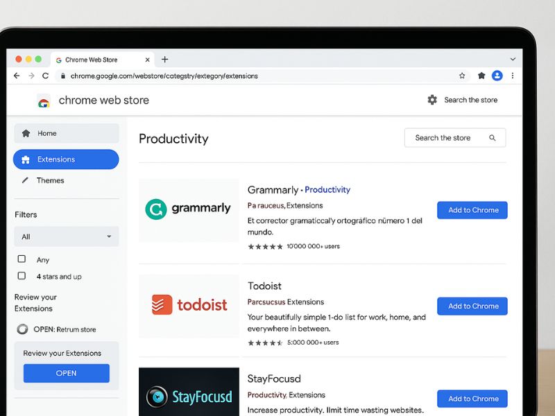 Chrome Web Store extensions interface with productivity tools