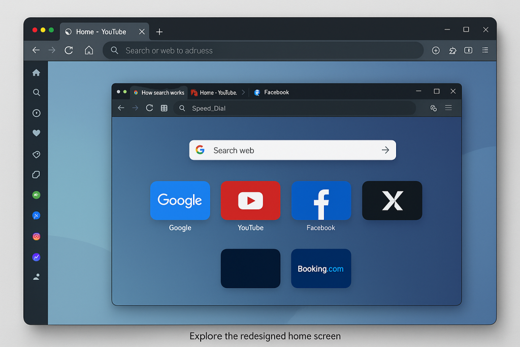 Opera Browser 2025 home screen with open tabs