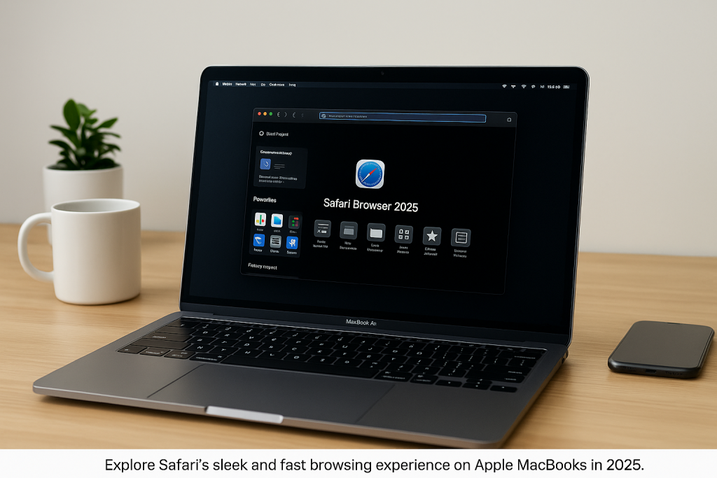 Safari Browser 2025 homepage on MacBook screen with dark mode enabled