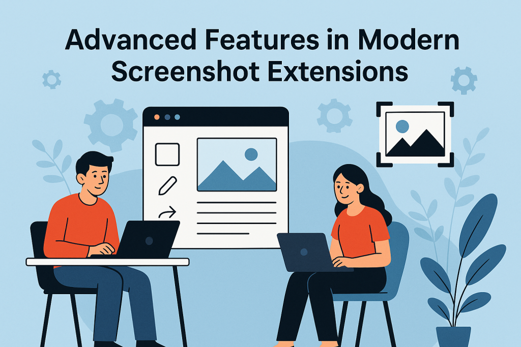 Two individuals using laptops to explore advanced features in modern screenshot extensions, digital illustration.