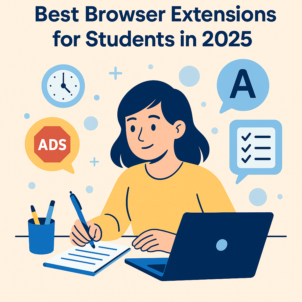 Best Browser Extensions for Students in 2025 – Illustration of a student using laptop with extension icons.
