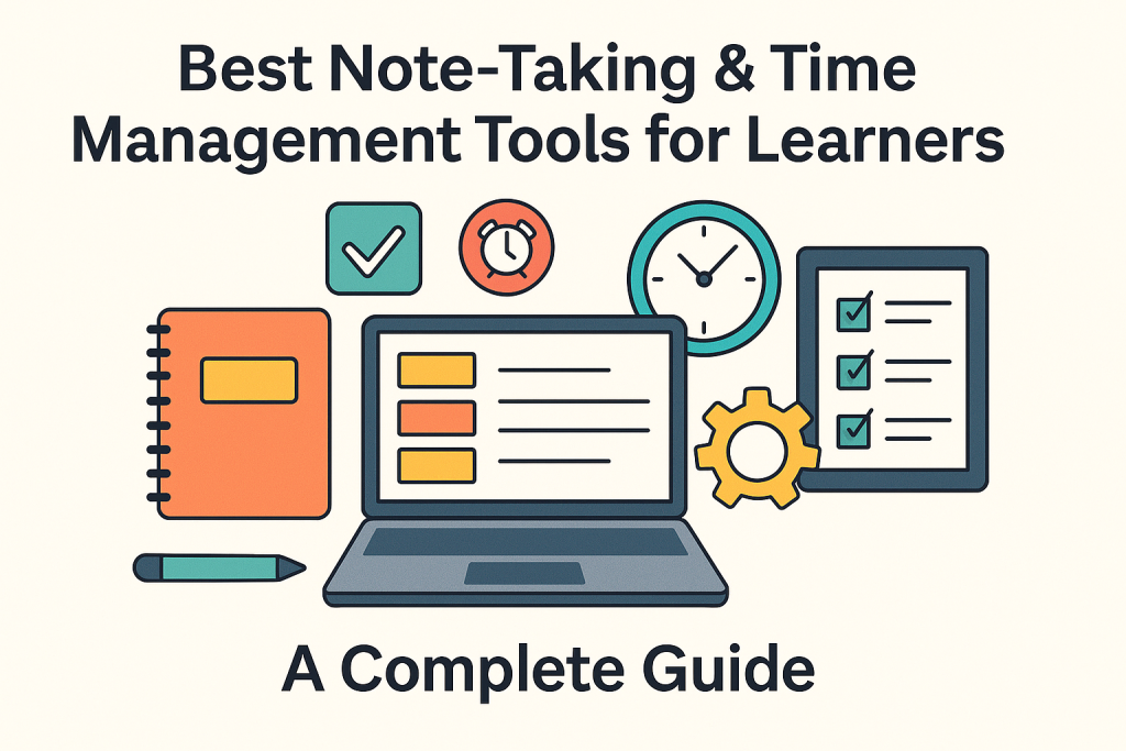 Best Note-Taking & Time Management Tools for Learners – Illustration of laptop, notebook, clock, checklist, and productivity icons.