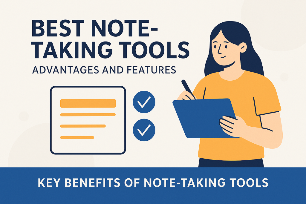 Best note-taking tools infographic with female illustration and checklist icons.