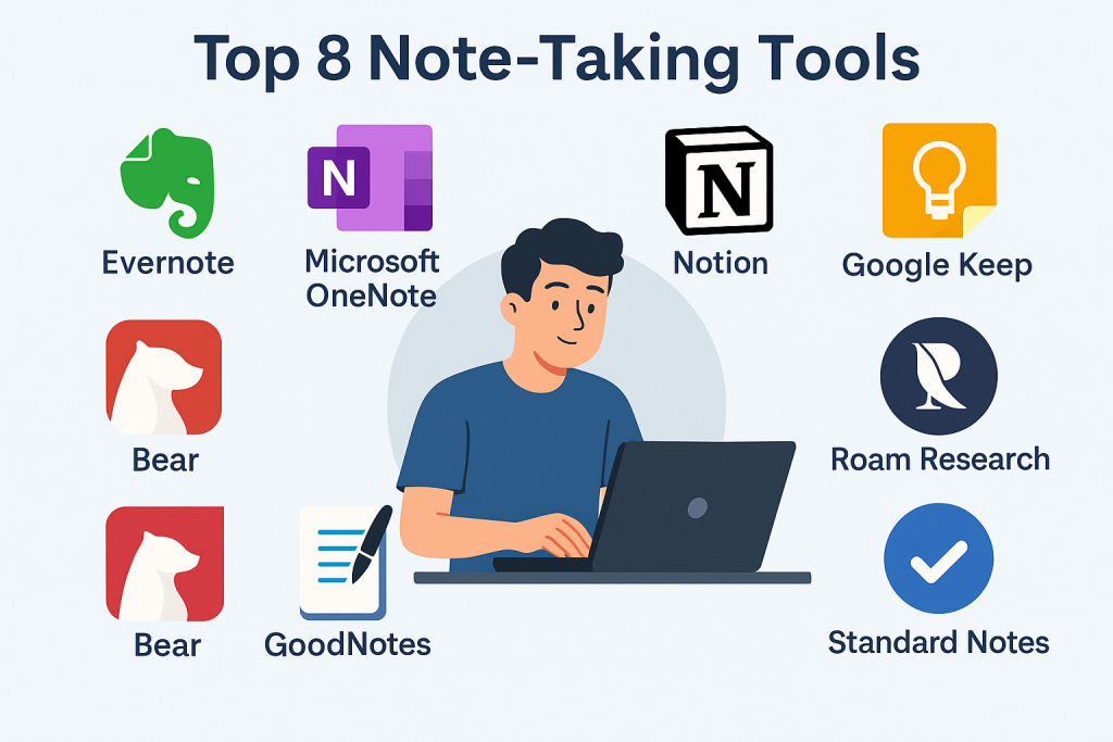 Infographic showing best note-taking tools with icons and organization tips.