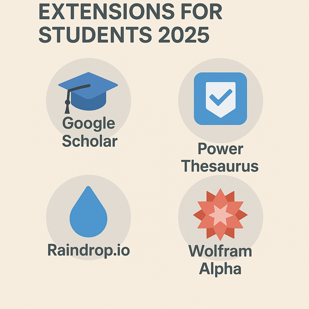 Research and study browser extensions for students in 2025 – Google Scholar, Power Thesaurus, Raindrop.io, Wolfram Alpha.