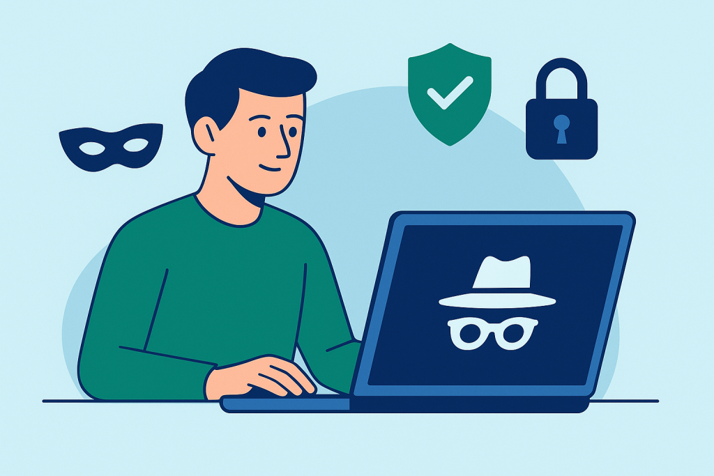 Flat illustration of a person using a laptop in incognito mode, with privacy icons like a mask, shield, and padlock in a minimalistic style.