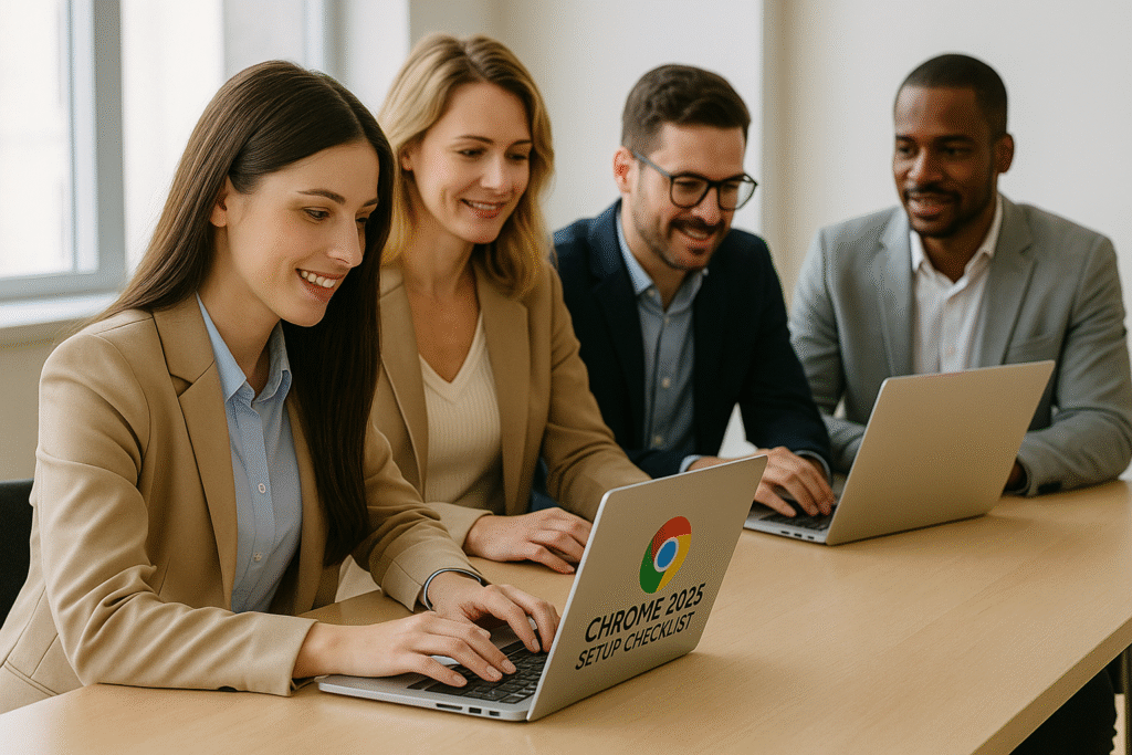 Best Browsers for Low RAM 2025 – Group of professionals working on Chrome setup