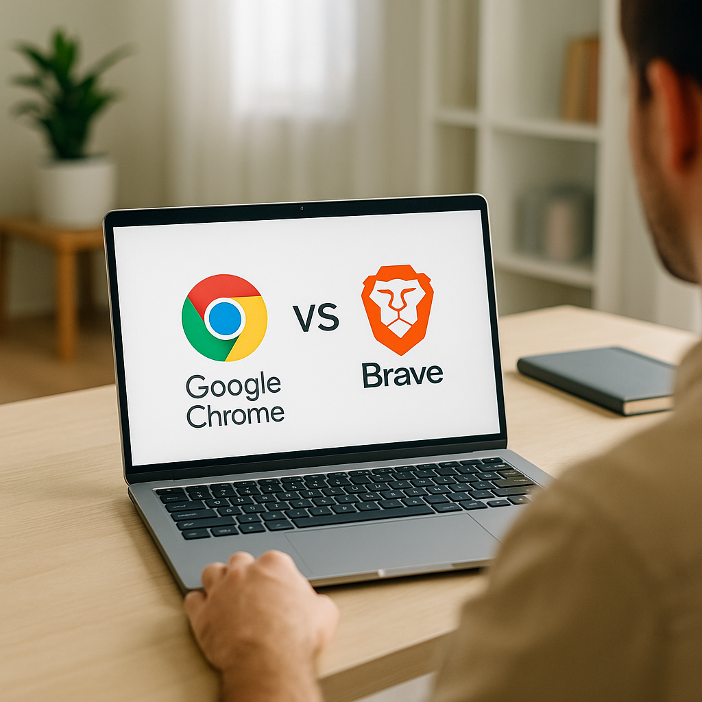A person using a laptop with Chrome and Brave browsers open side by side, modern home office background.