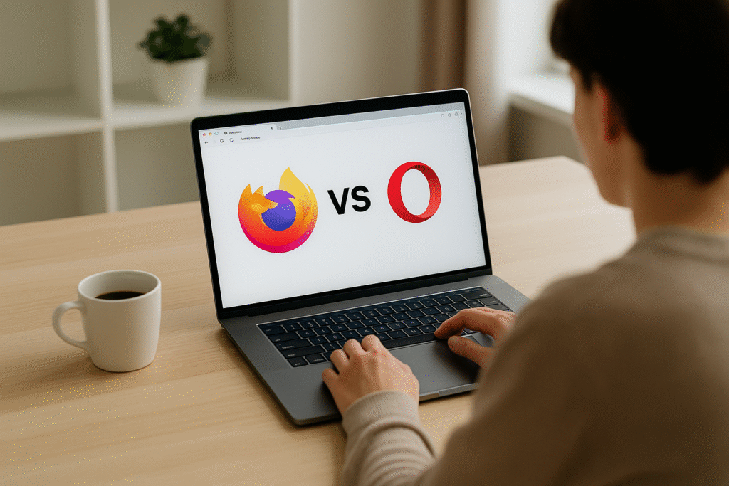 A person using a laptop with Firefox and Opera browsers open side by side in a clean home office environment, 2025 comparison.