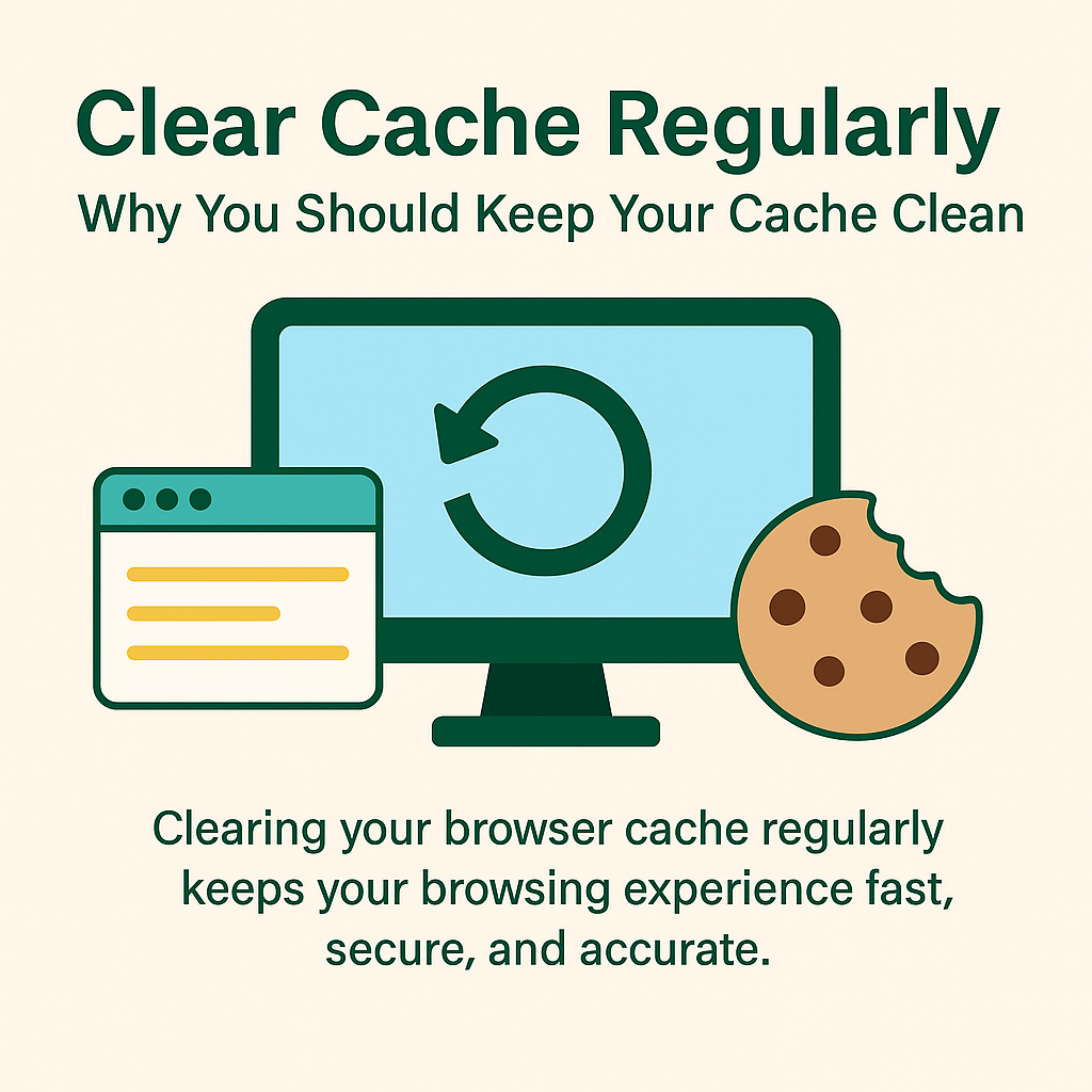 Illustration showing the importance of clearing browser cache regularly with a monitor, refresh icon, browser window, and cookie.
