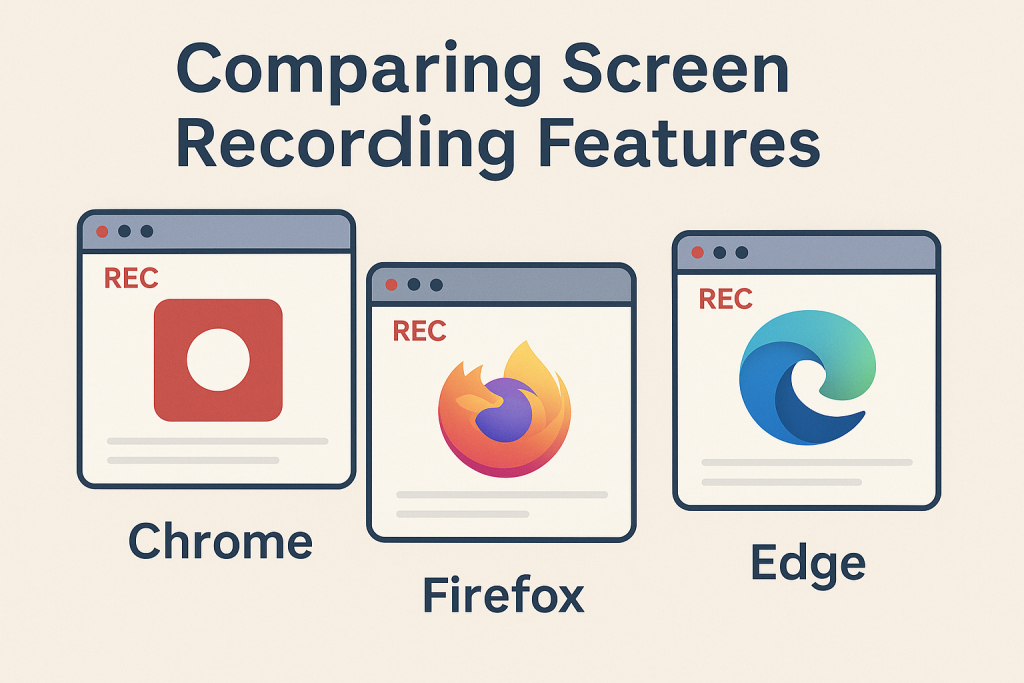 Browser screen recording features comparison for Chrome, Firefox, and Edge