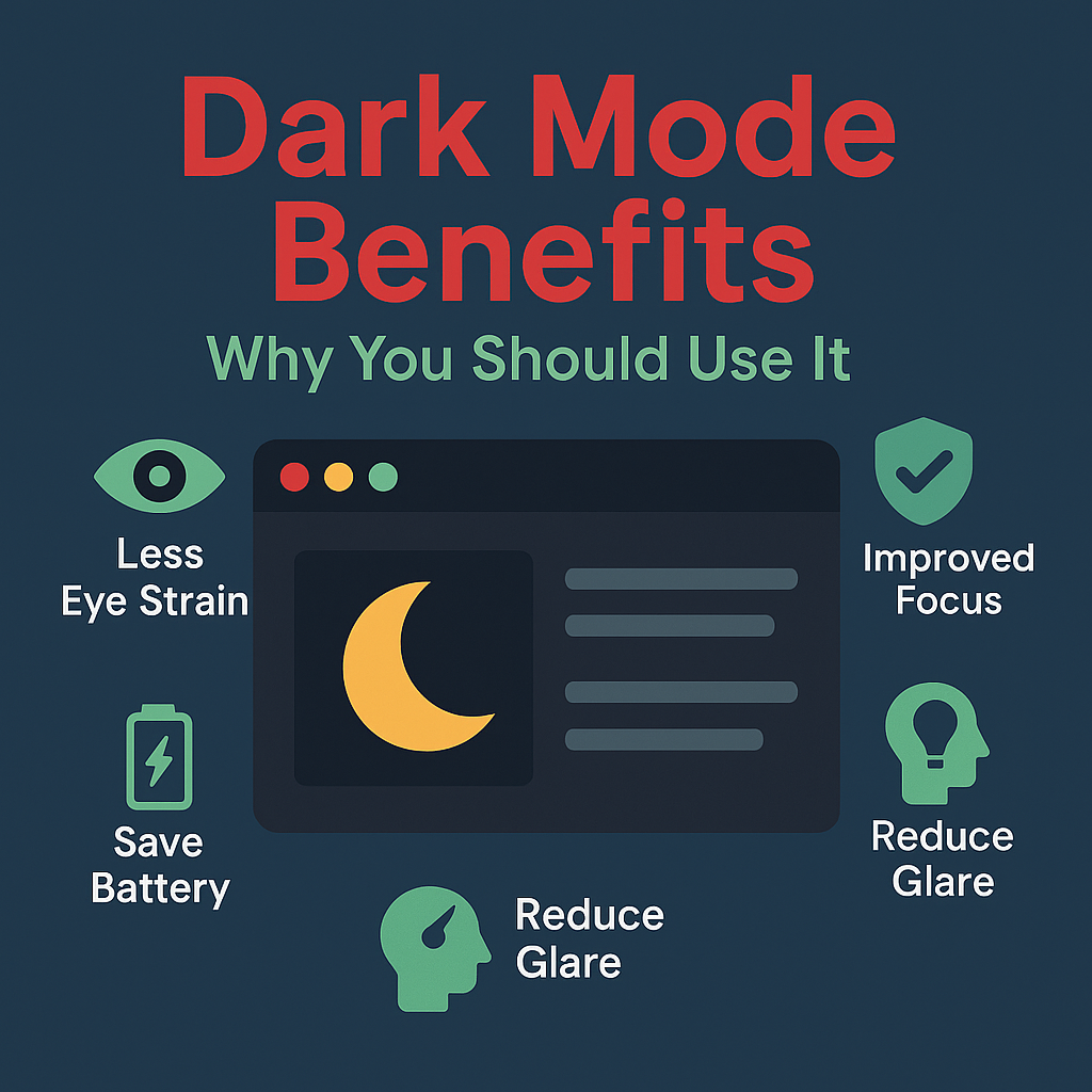 Dark mode benefits illustration with icons for eye strain reduction, improved focus, battery saving, and glare reduction.