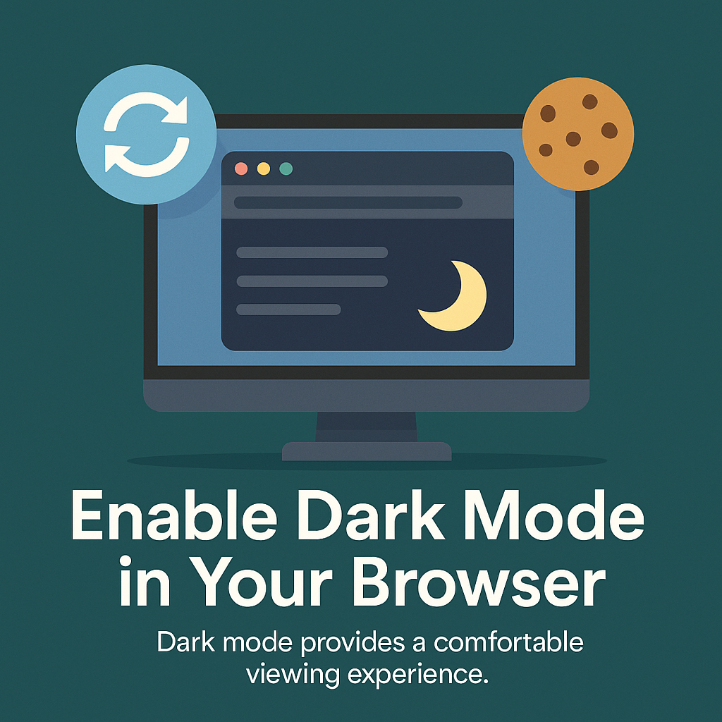 Illustration showing a computer screen with browser dark mode enabled, refresh icon, and cookie symbol.