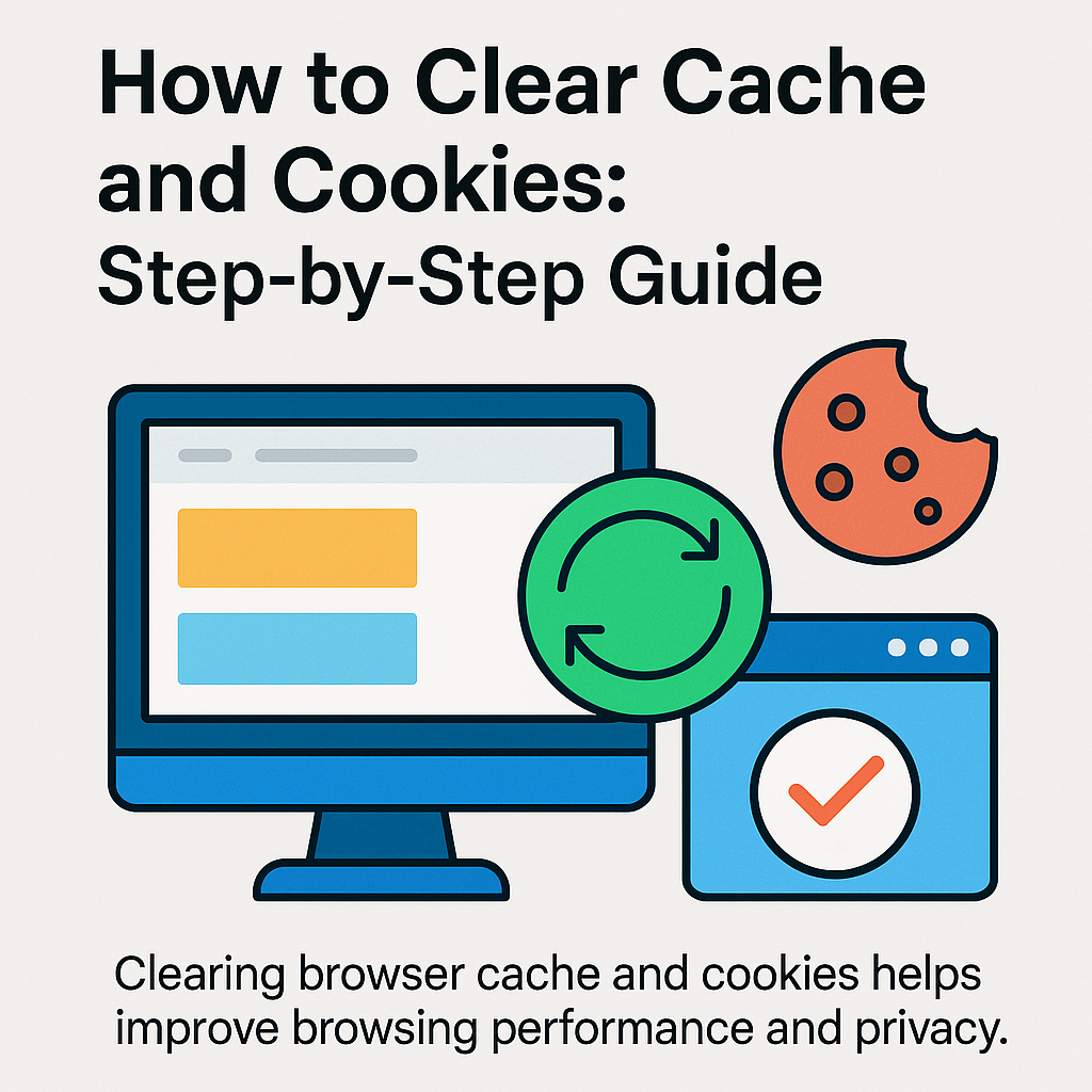 Illustration showing a step-by-step guide to clearing cache and cookies with a computer monitor, refresh icon, and cookie symbol.
