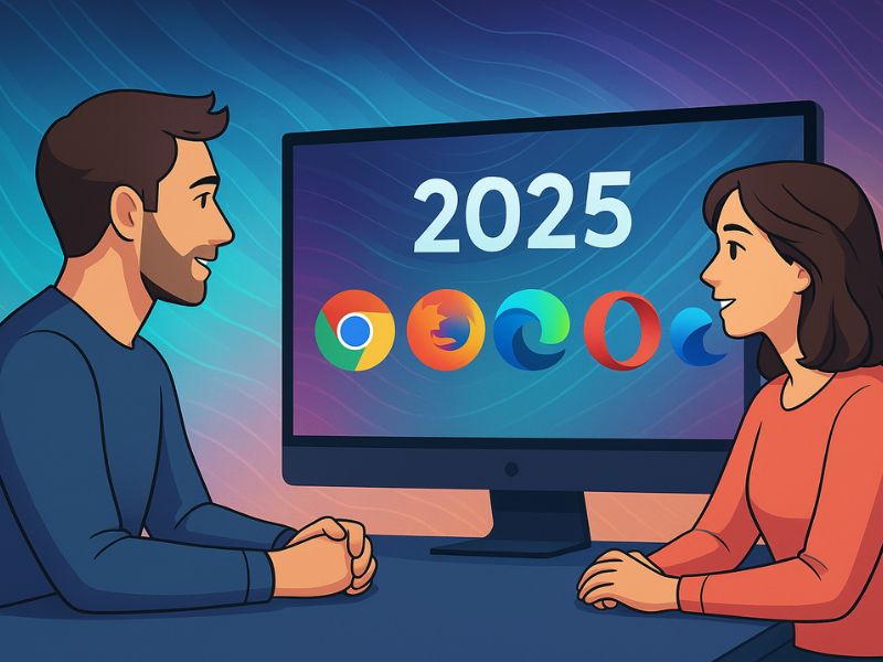 Key Browser Updates 2025 â man and woman discussing Chrome, Firefox, Edge, Opera, and Brave logos on a futuristic screen