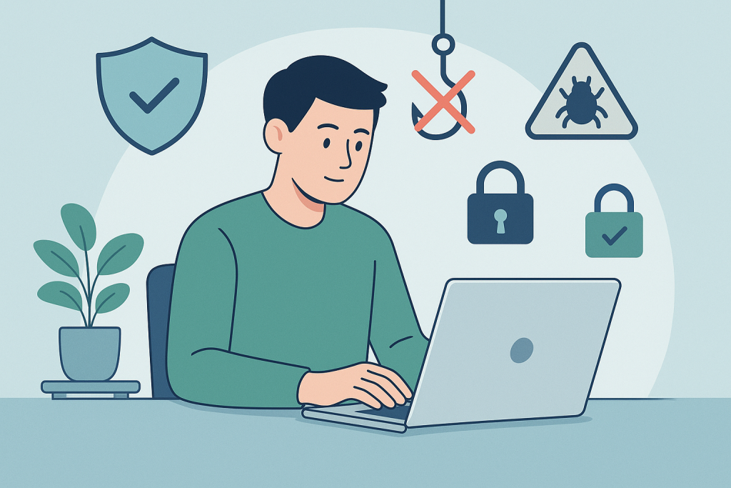 Flat illustration of a person using a laptop safely at home, surrounded by cybersecurity icons including a shield, padlock, phishing hook with a red cross, and malware warning.