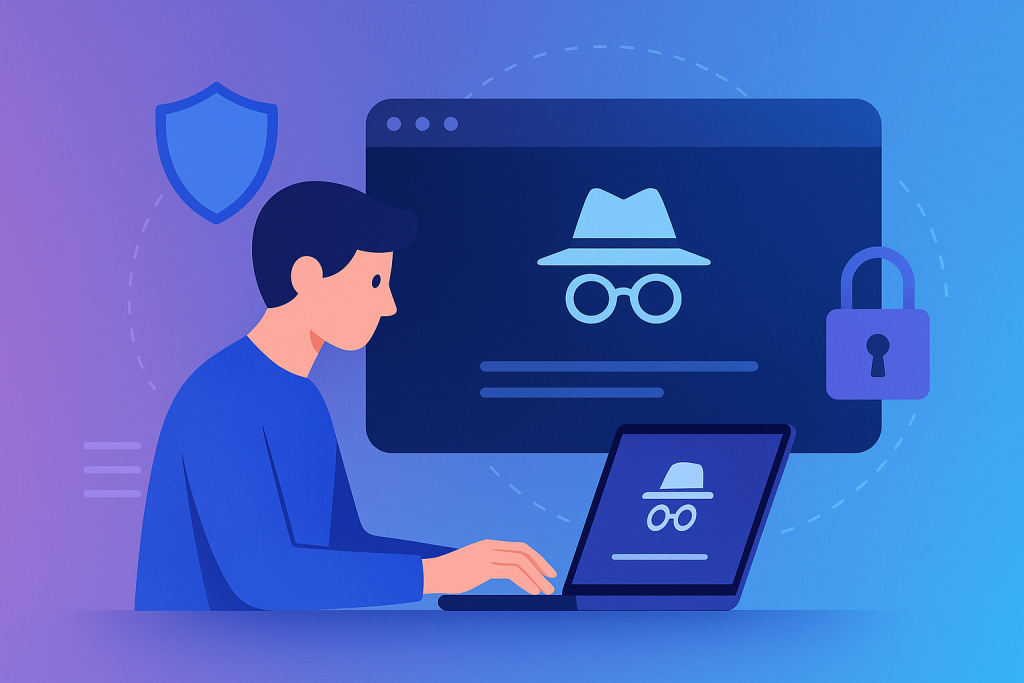 Flat illustration of a person using private browsing mode on a laptop with incognito window and security icons