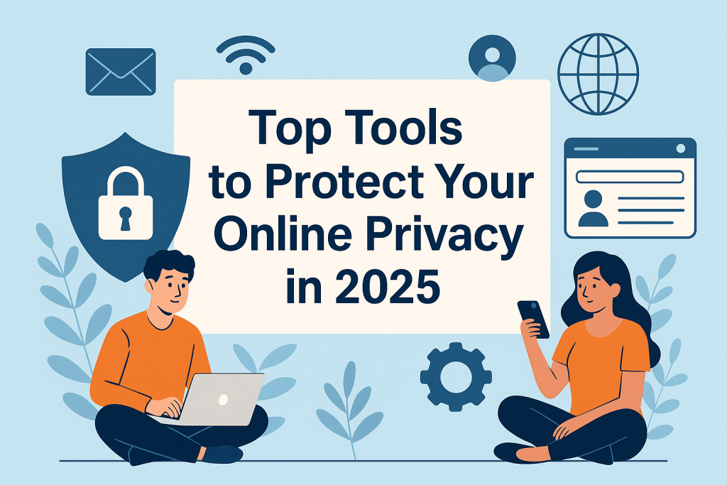 Illustration of a man and woman using devices with icons and shield, representing top online privacy tools in 2025.