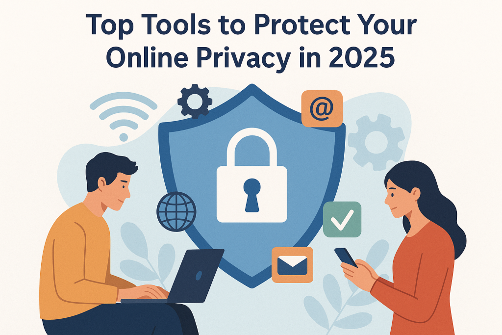 Flat illustration of a man and woman using devices with a large shield and padlock, representing top online privacy tools in 2025.