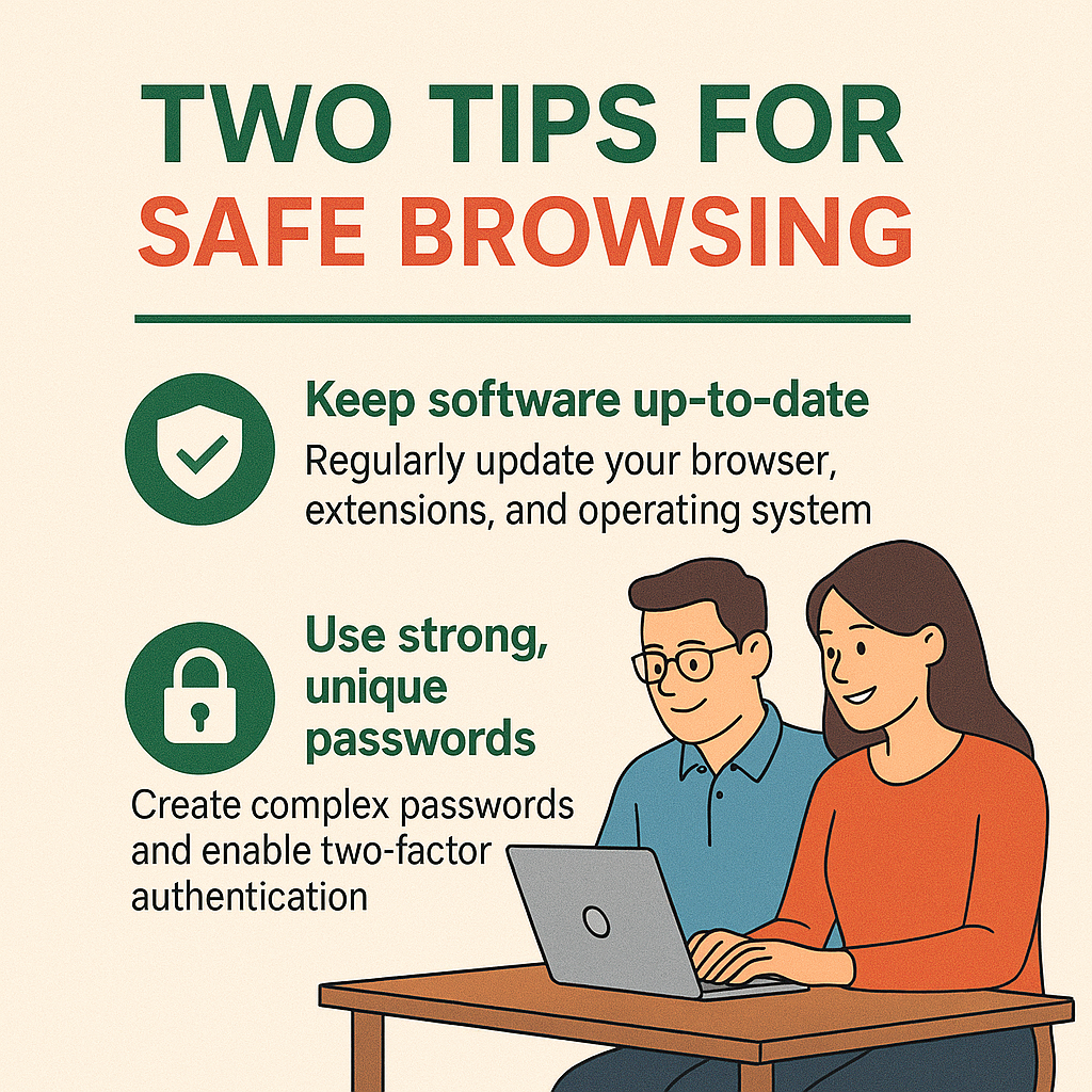 Man and woman using a laptop together with safe browsing tips displayed beside them.