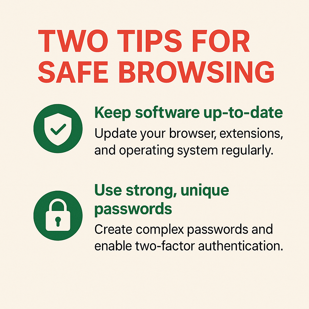 Two essential tips for safe browsing with icons and text in red and green on a beige background.