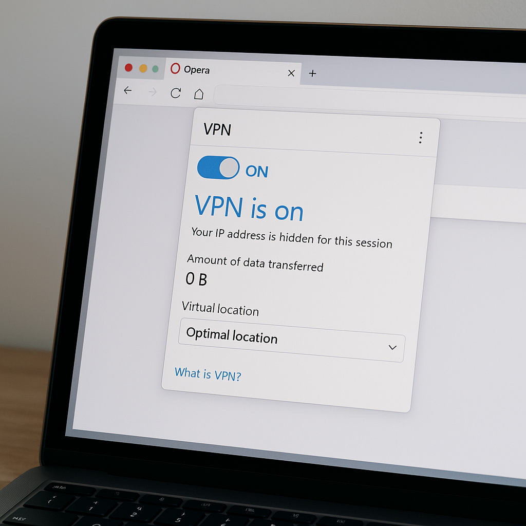 Use Opera VPN Interface Showing VPN Turned On with Optimal Location