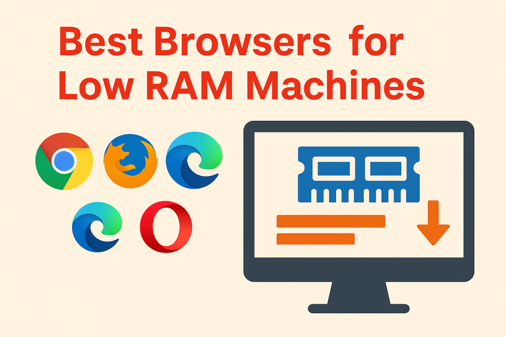 Best browsers for low RAM machines with Chrome, Firefox, Edge, and Opera icons beside a PC monitor illustration.