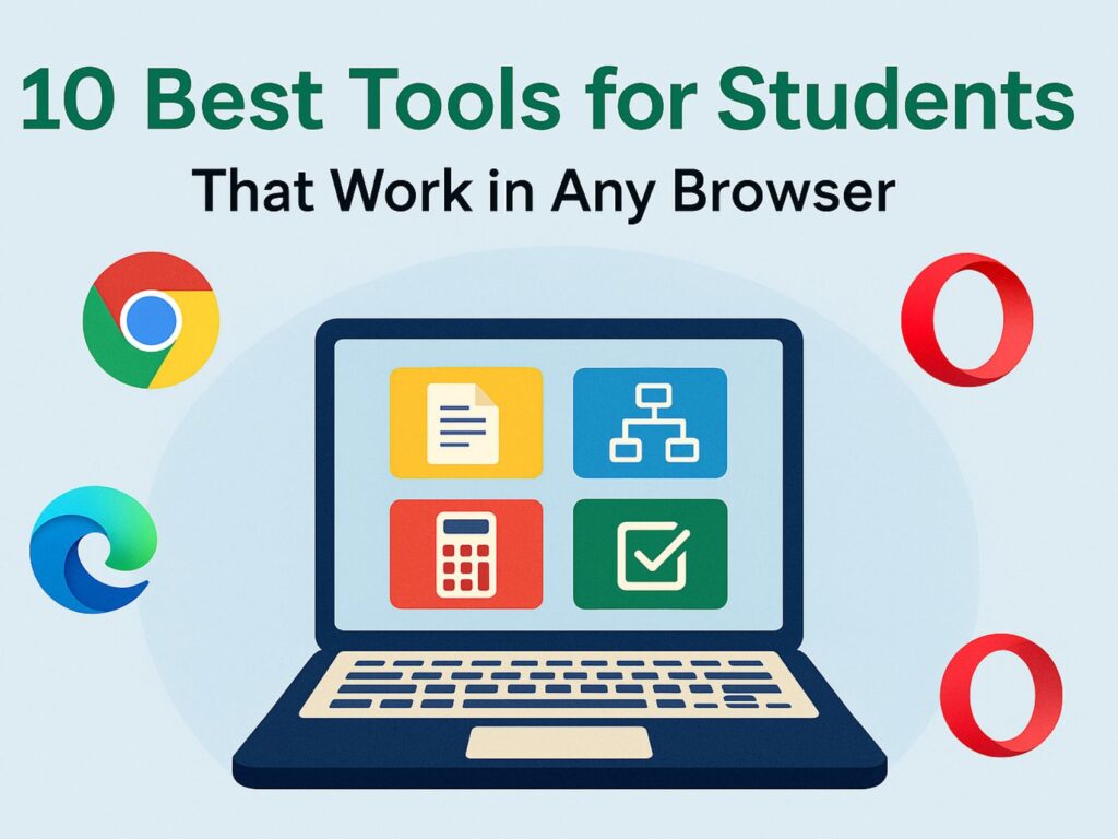 10 Best Tools for Students illustration with browser logos and laptop