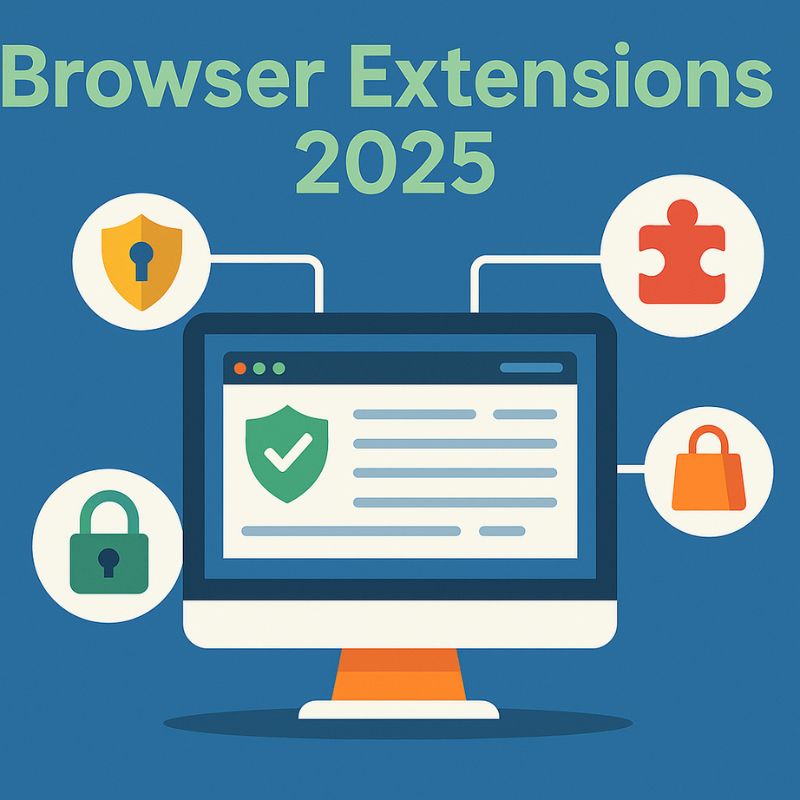 Browser Extensions 2025 infographic illustration with computer and extension icons