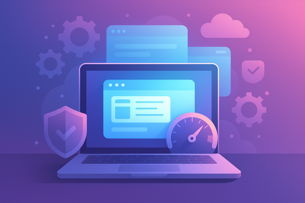 Digital illustration of a laptop with glowing fast browser windows, shield icon, gears, and speedometer showing performance boost
