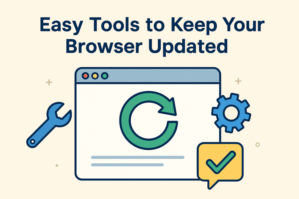 Easy tools to keep your browser updated illustration with refresh, gear, and wrench icons