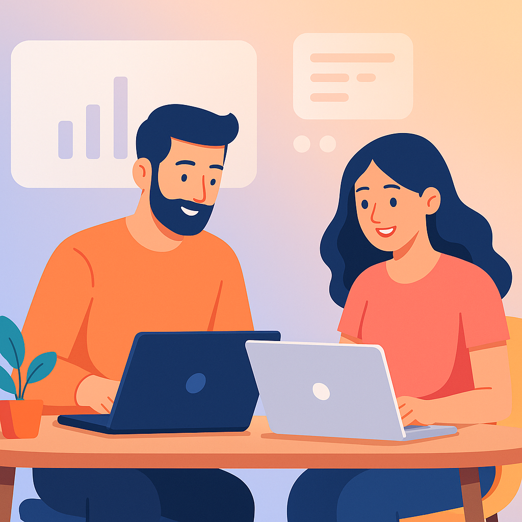 Modern illustration of a man and woman working together on laptops at a stylish desk with a vibrant background