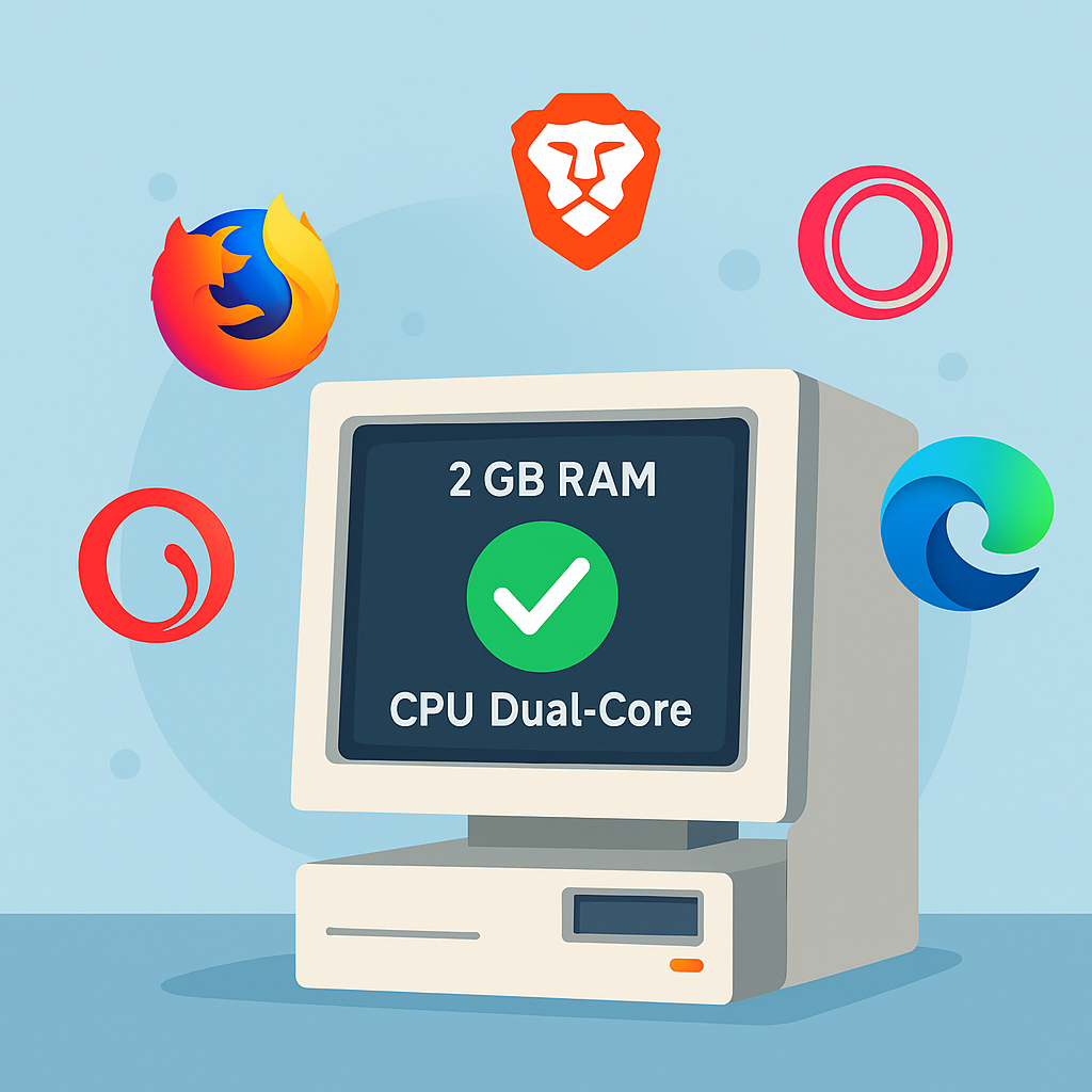 Old low-spec PC running smoothly with lightweight browsers like Firefox, Brave, Opera GX, and Edge