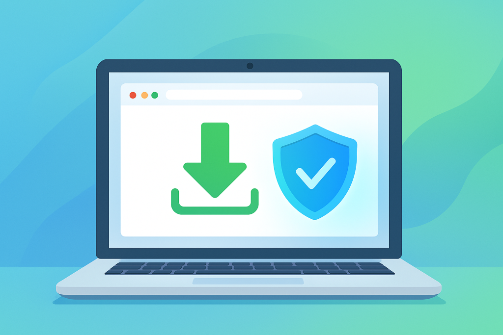 Flat illustration of a laptop screen showing a green download arrow and a blue security shield, symbolizing a safe browser download source.