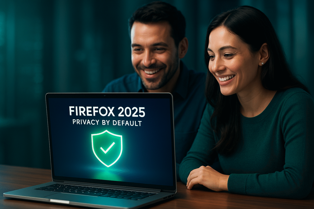 Man and woman browsing on a laptop with Firefox 2025 Privacy by Default glowing shield icon