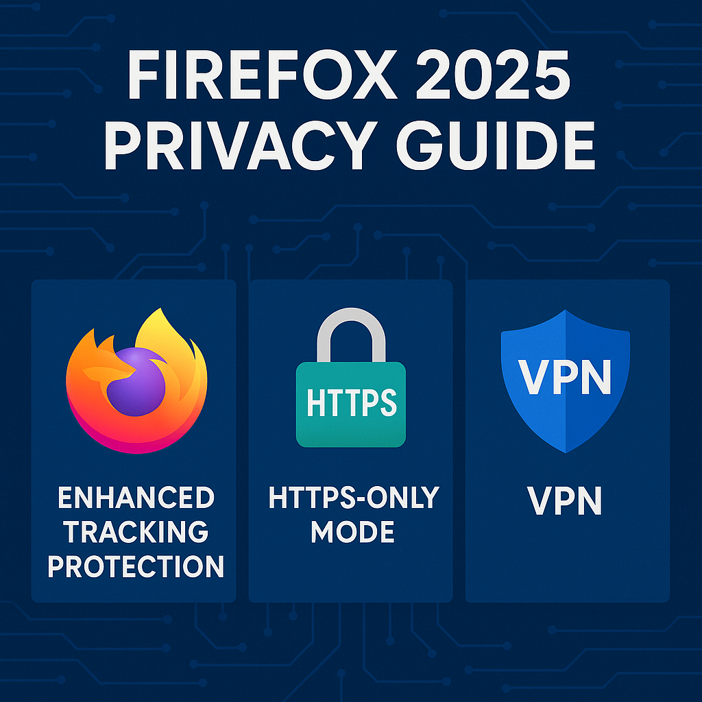 Firefox 2025 Privacy Guide illustration showing tracking protection, HTTPS-only mode, and VPN features