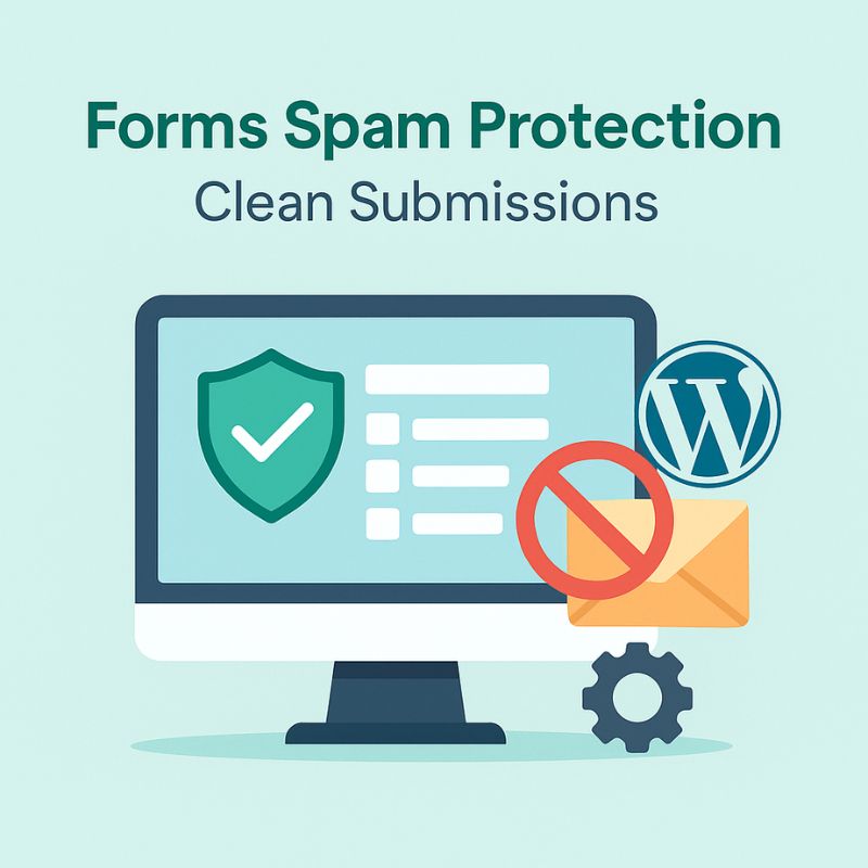 Flat design illustration of WordPress form with a green shield, no-spam symbol, and WordPress logo showing spam-free form submissions.