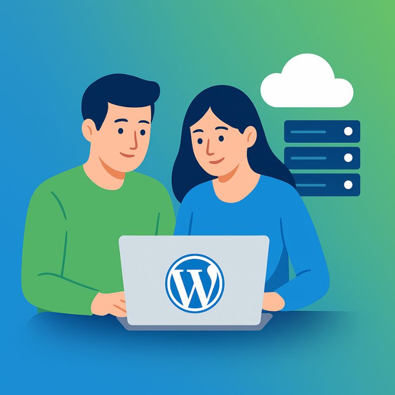 Man and woman working on laptop with WordPress logo and hosting icons