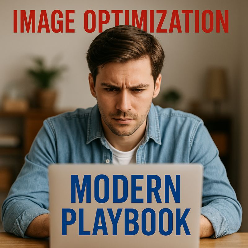 Man working on laptop with Image Optimization Modern Playbook text overlay