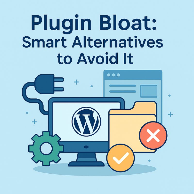 Flat design illustration showing WordPress logo, plugin icon, and smart alternatives with the title “Plugin Bloat: Smart Alternatives to Avoid It.”