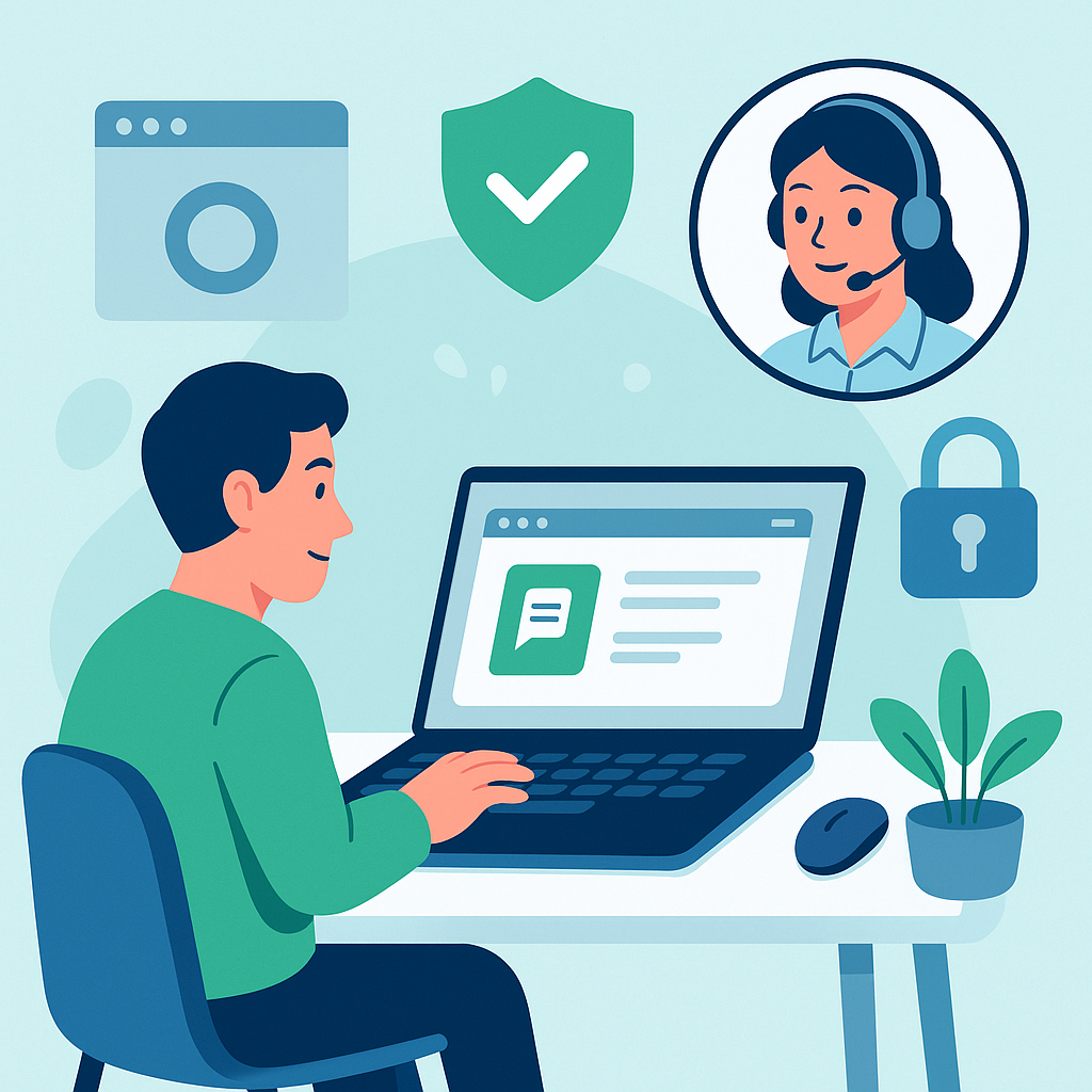 PM2 Browser Support illustration showing a user getting help from support agent with secure browsing icons