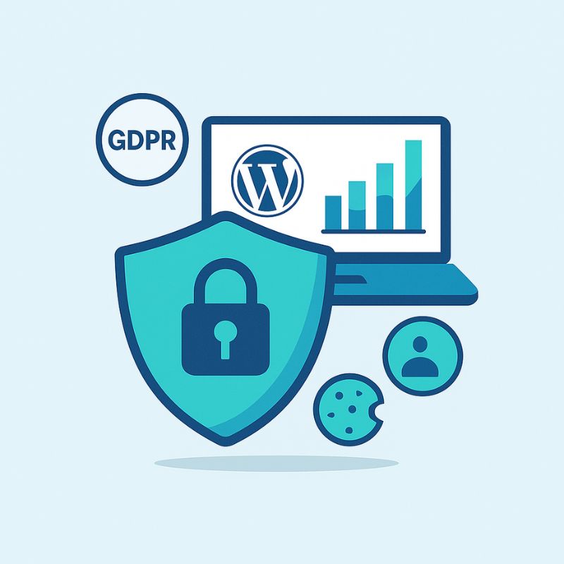 Flat illustration showing a shield with a lock, WordPress analytics on a laptop, and GDPR, cookie, and user icons to represent data privacy.