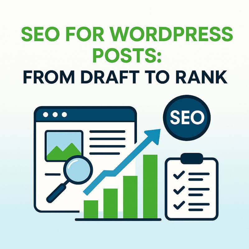 SEO for WordPress Posts: From Draft to Rank infographic with growth chart and optimization icons
