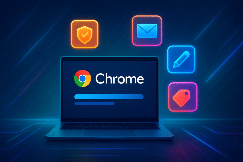 Futuristic laptop with Chrome logo and colorful extension icons representing the top 10 Chrome extensions for 2025