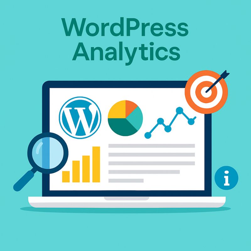 Illustration of WordPress analytics showing charts, graphs, and WordPress logo on a laptop screen with target and magnifying glass icons.