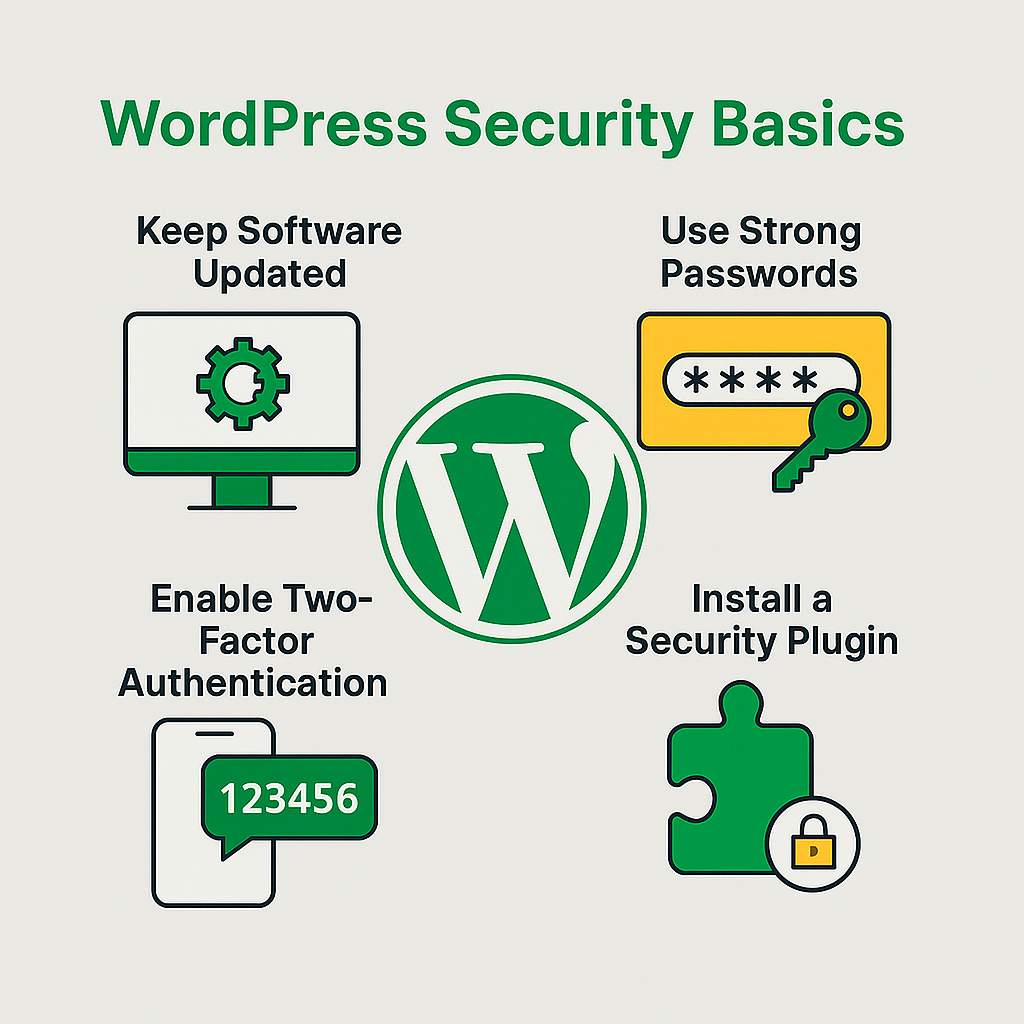 WordPress Security Basics infographic with four essential tips